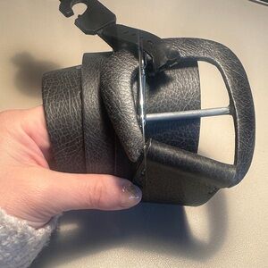 Black Textured Genuine Leather Belt with Silver Buckle